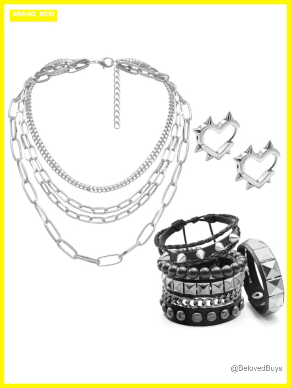 6 Pc Punk Studded Bracelet Set Gothic Necklace Earrings Faux Leather Y2K Grunge